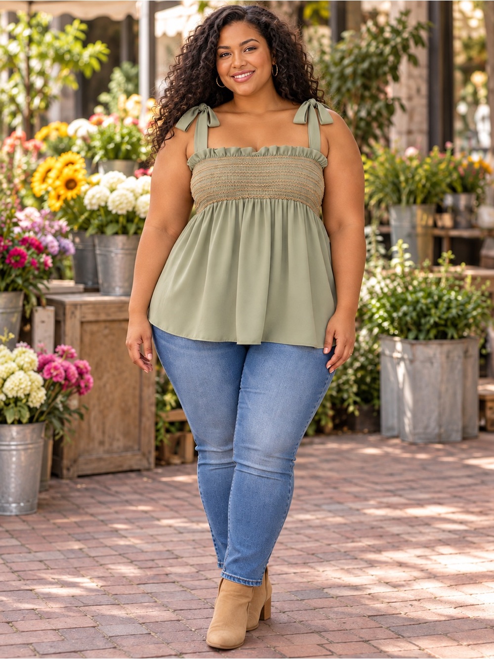 Cato Olive Green Tie-Shoulder Smocked Ruffle Babydoll Top NWT